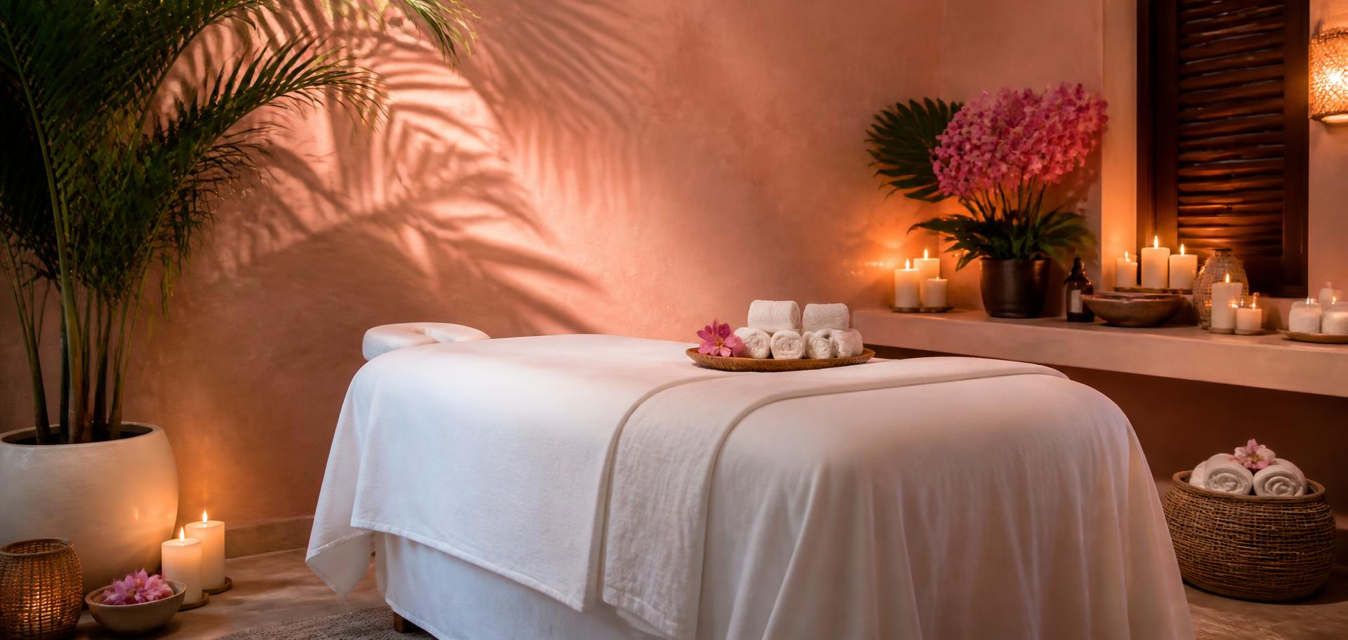 Draped massage bed with white linens, candles and pink flowers in a warm treatment room