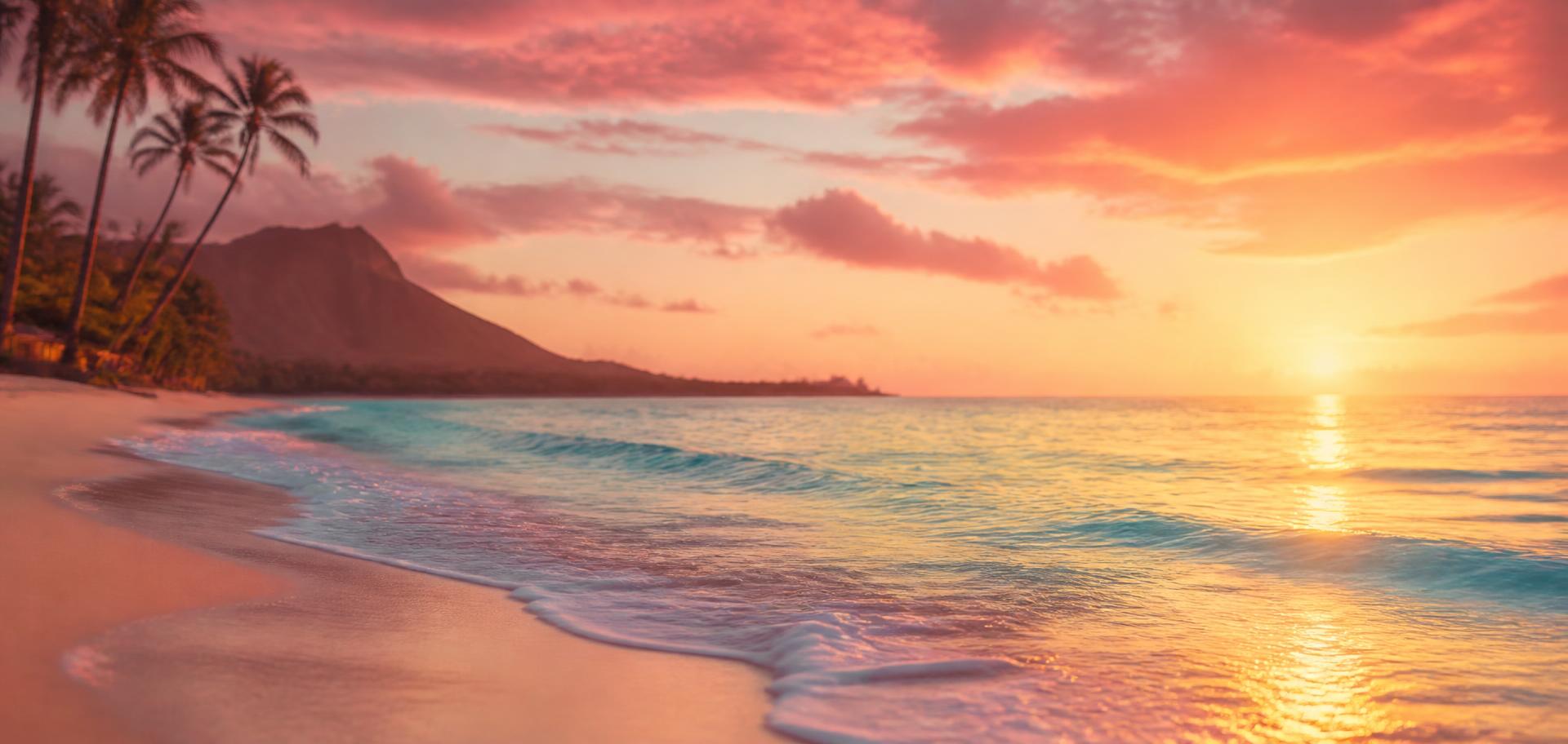 Turquoise waves washing over a tropical shore at sunset