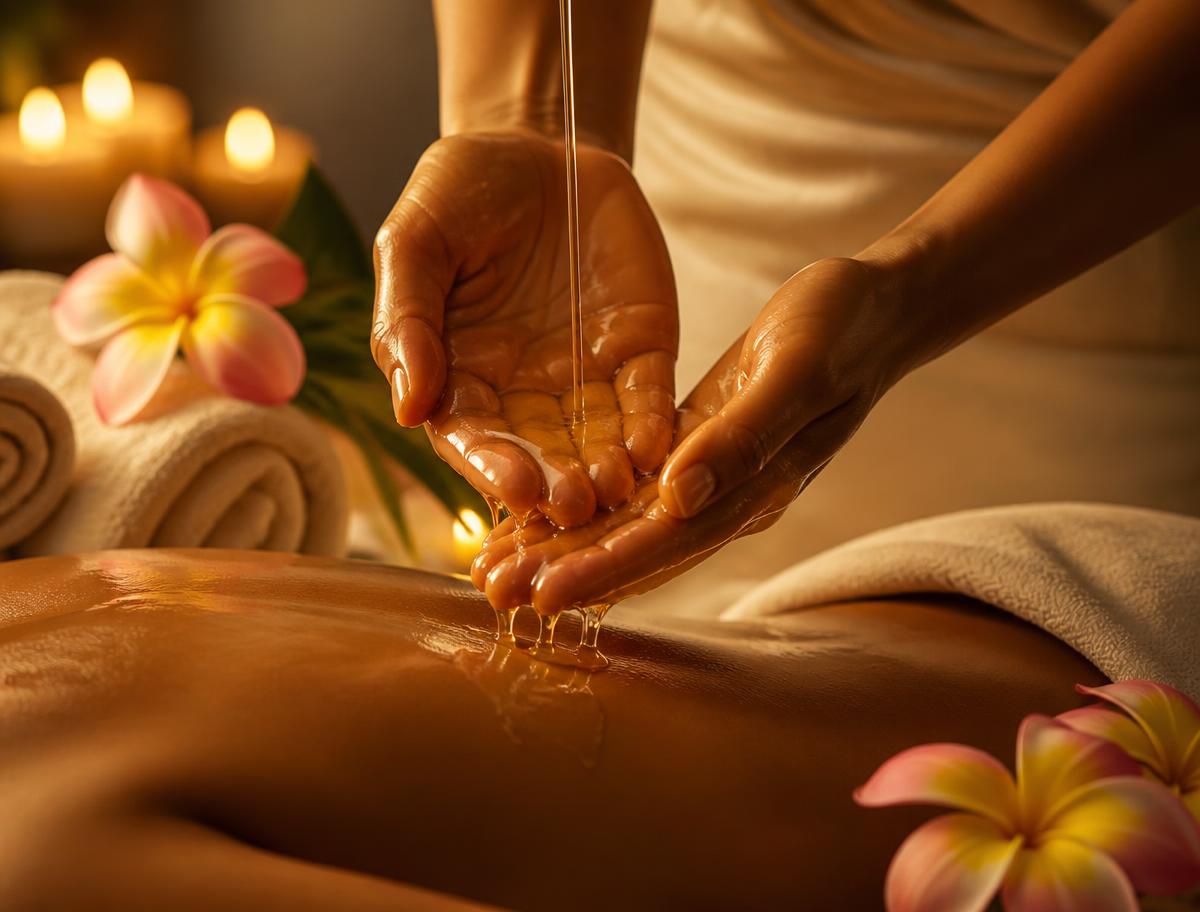 Warm oil poured over hands during a lomi lomi massage