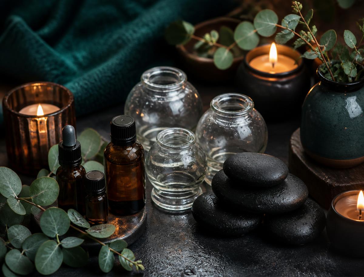 Cupping glasses, hot basalt stones, essential oils and candles